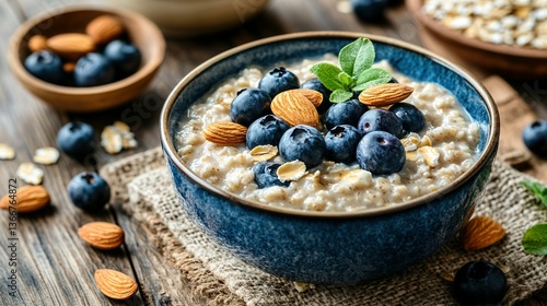 Delicious oatmeal served with blueberries and almonds for breakfast enjoyment