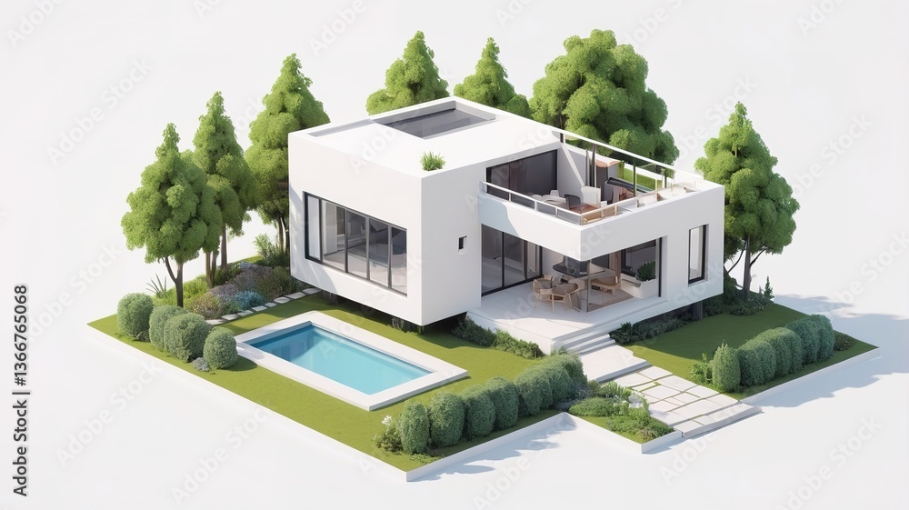 A small modern minimalist house isometric perspective, 3D model miniature A small modern minimalist house isometric perspective, 3D model miniature