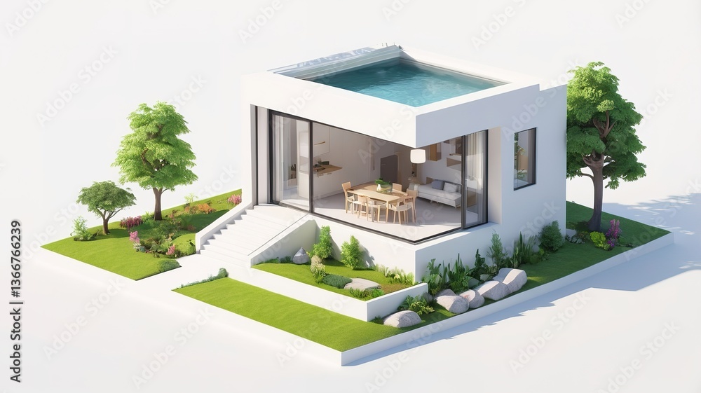 A small modern minimalist house isometric perspective, 3D model miniature A small modern minimalist house isometric perspective, 3D model miniature
