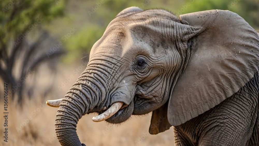 Fototapeta premium Close-up view of African Elephant cub in its natural environment with a blurred background