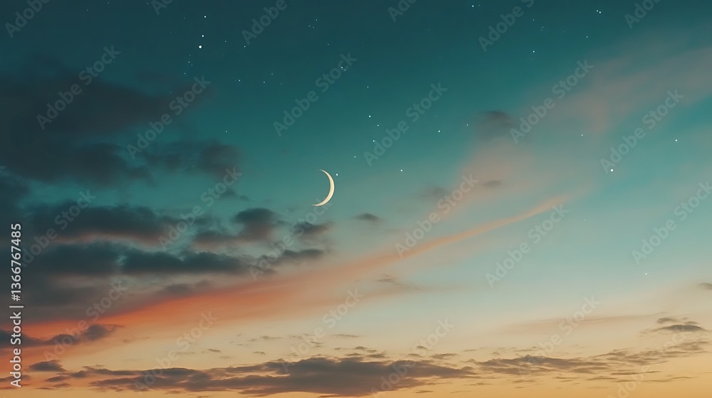 A crescent moon and stars shine in a colorful evening sky A crescent moon and stars shine in a colorful evening sky