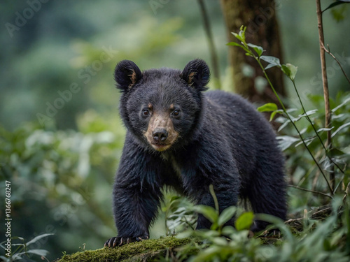 Close-up view of Asian Black Bear cub in its natural environment with a blurred background