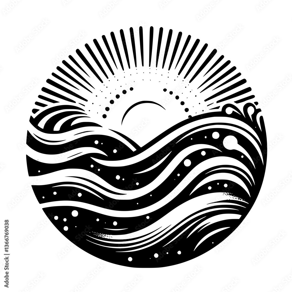 Fototapeta premium Black and White Coastal Sunrise: Geometric Waves and Light