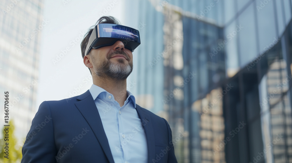 Fototapeta premium Visionary in VR: A sharp businessman dons a virtual reality headset, offering a glimpse into the innovative future, with sleek architectural design backdrop.