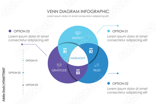 Infographic Venn diagram chart template for business 3 parts, options, presentation with venn diagram elements vector illustration.