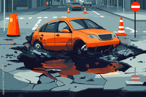 Car stuck in a deep pothole with broken asphalt on a city street, urban damage scene.