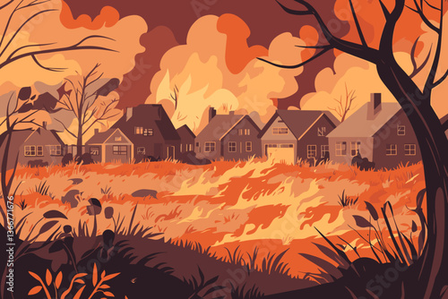 Wildfire near suburban homes with dramatic flames and smoky sky, showing climate impact.