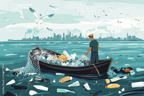 Man in small boat collecting plastic bottles from ocean with cityscape in background.