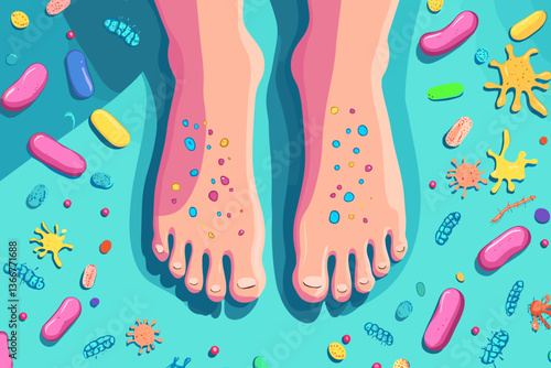 Bare feet surrounded by colorful bacteria and germs, illustrating foot hygiene and microbiome.