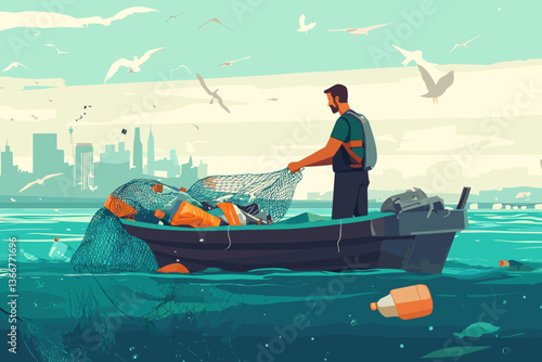 Fisherman in polluted sea near industrial city skyline, filled with plastic and floating waste.