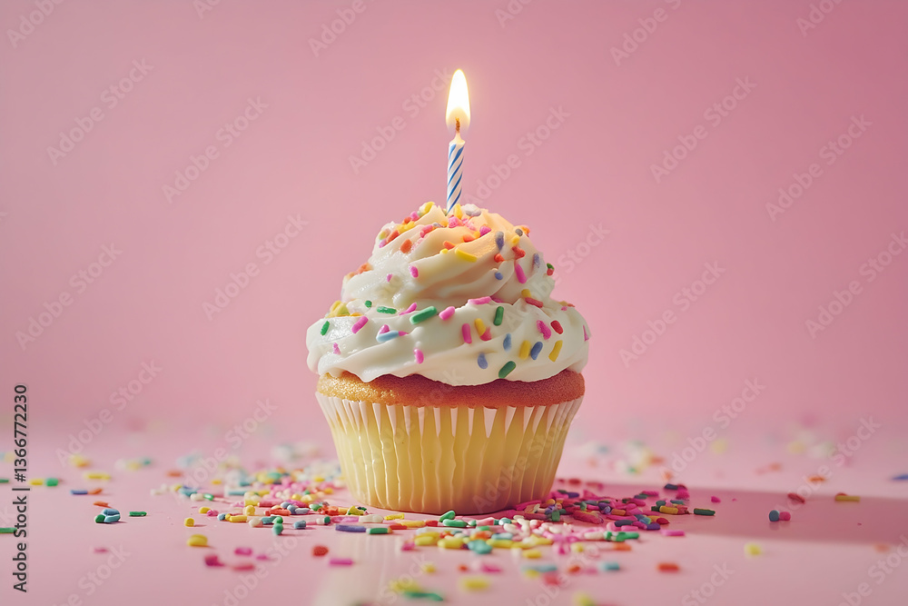 Celebratory Cupcake with Sprinkles and a Burning Candle on Pink Background Celebratory Cupcake with Sprinkles and a Burning Candle on Pink Background