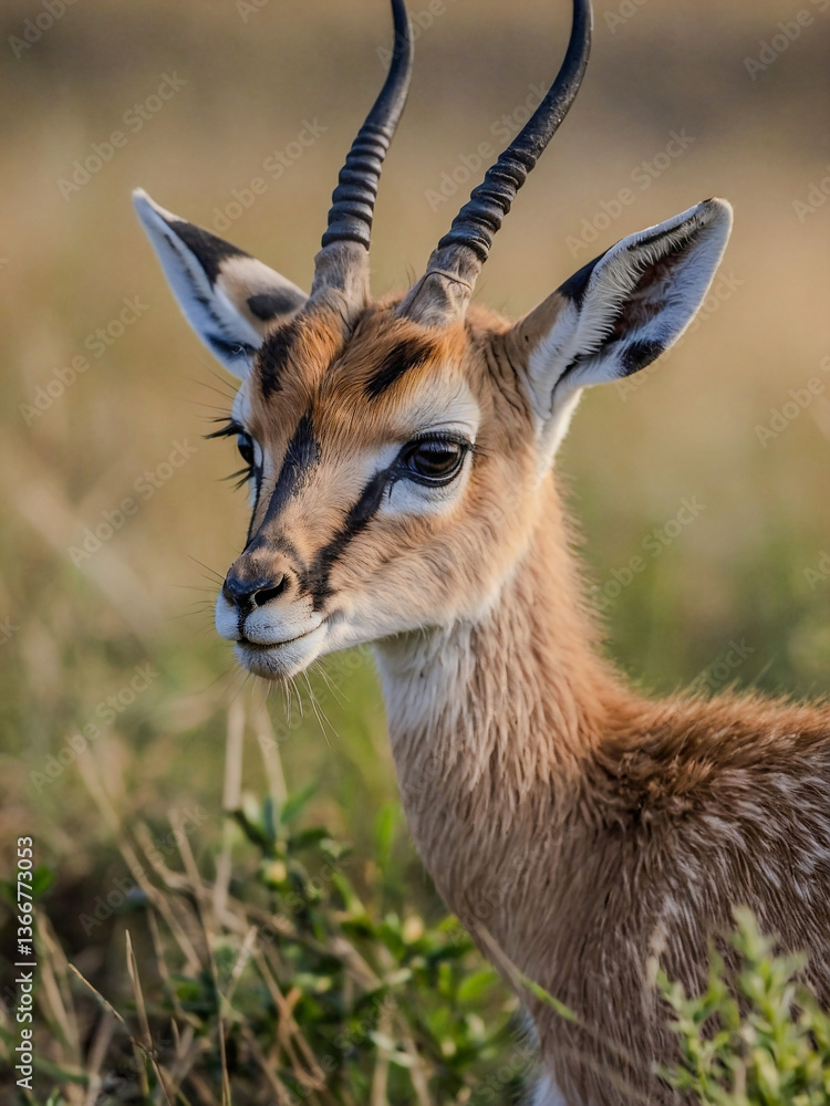 Obraz premium Close-up view of Gazelle cub in its natural environment with a blurred background