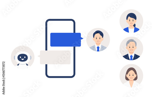 スマホでAIとチャットするビジネスパーソン（差し替え用のアイコンセット）【人物ベクターイラスト素材】
