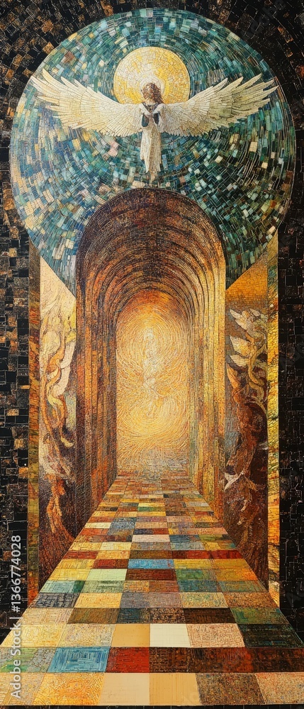 Fototapeta premium Angel watches over colorful passage to light.