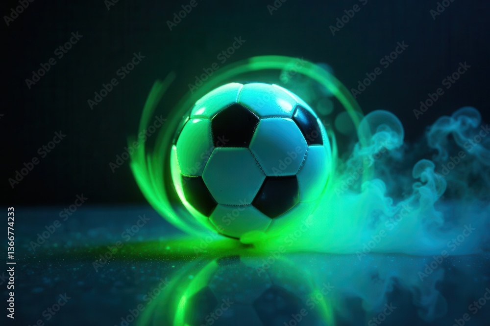 Naklejka premium Futuristic Soccer Ball Glowing with Energetic Green Light Trails and Mystical Smoke