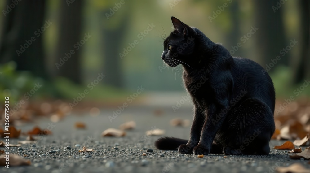 Naklejka premium A sleek black feline sits serenely on a path strewn with autumn leaves, bathed in the soft glow of the setting sun, a captivating moment of quiet contemplation.
