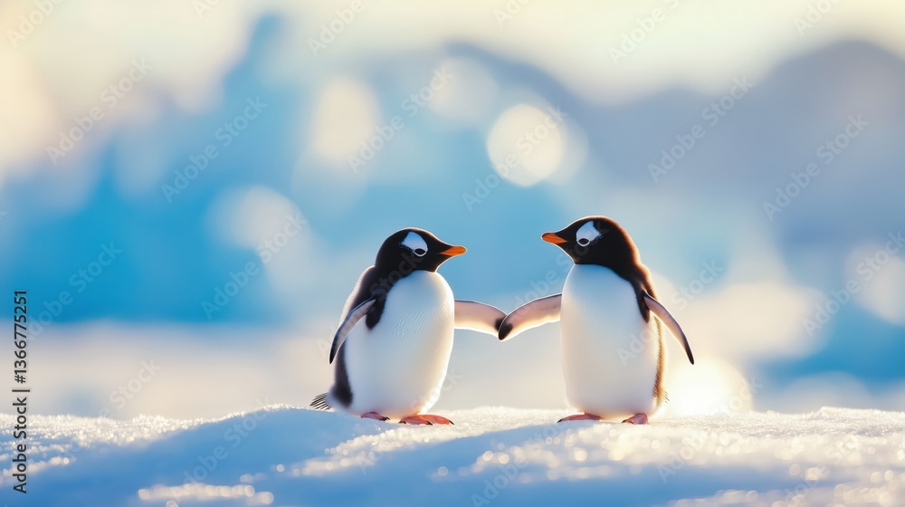 Fototapeta premium Penguins holding flippers, expressing affection in a snowy landscape 