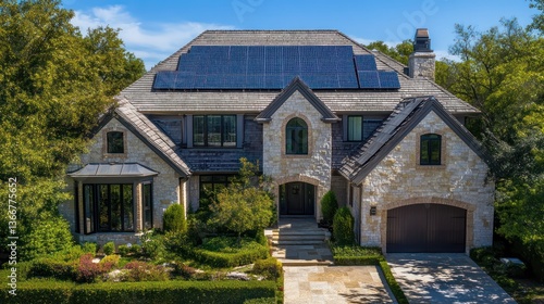 Stunning modern house with solar panels suburban area real estate photography lush environment aerial view sustainable living