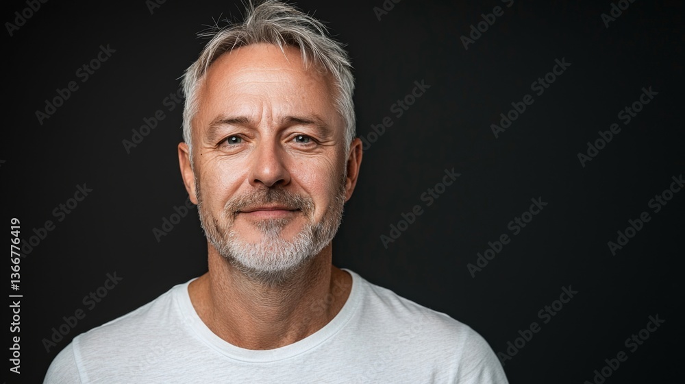 Obraz premium Confident middle-aged man with gray hair smiling against a dark background