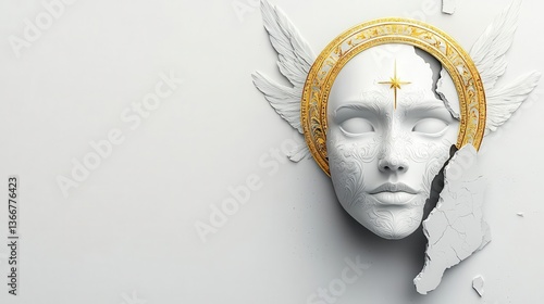 Ethereal angelic warrior mask with glowing white engravings, divine golden halo, and a sacred celestial design, floating on a white background