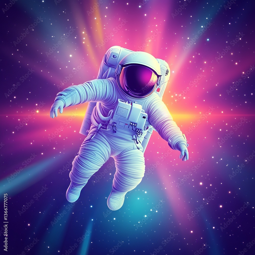 Futuristic astronaut floating in vibrant space with glowing stars, colorful cosmic background, retro sci-fi style, galaxy exploration concept, dreamy digital art illustration
Futuristic astronaut floating in vibrant space with glowing stars, colorful cosmic background, retro sci-fi style, galaxy exploration concept, dreamy digital art illustration