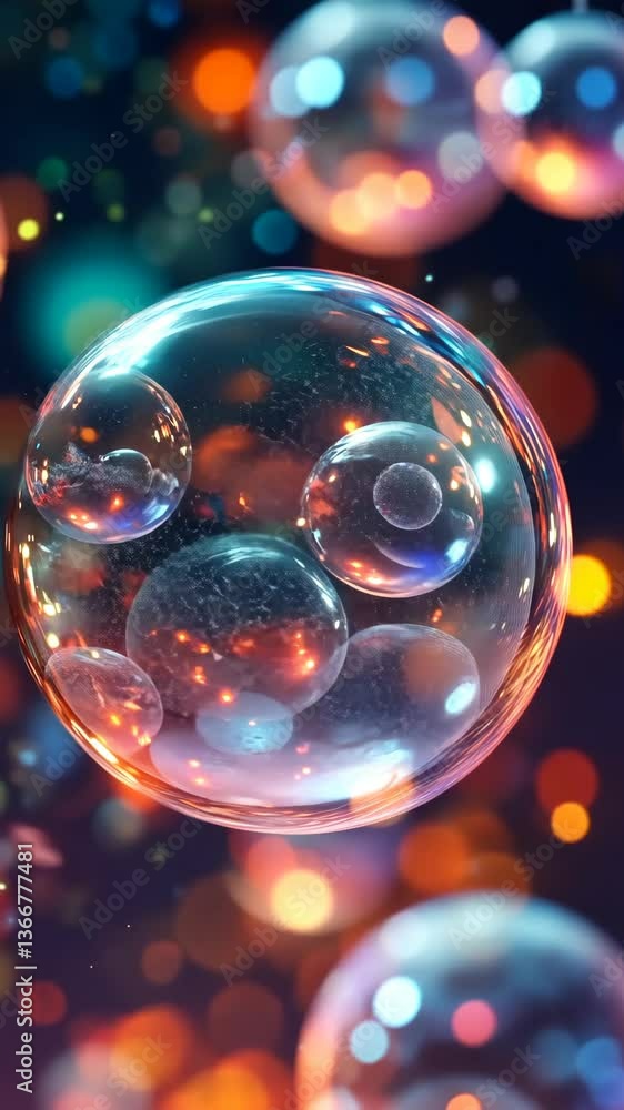 Colorful bubbles floating against a backdrop of shimmering lights in a vibrant, abstract setting Colorful bubbles floating against a backdrop of shimmering lights in a vibrant, abstract setting
