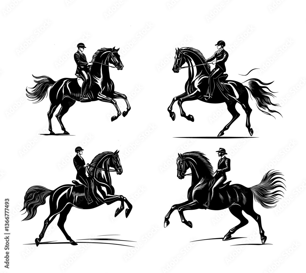 Horse Riding Illustration Set
Elegant vector collection of horse riders performing dressage. Detailed and monochromatic drawing style. Horse Riding Illustration Set
Elegant vector collection of horse riders performing dressage. Detailed and monochromatic drawing style.