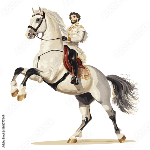 Man on White Andalusian Horse.
Vector of a man in regal traditional attire riding a white stallion in a powerful pose. Elegant and noble representation.