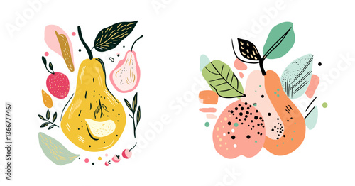 Abstract Fruit Composition – Pear Theme
Colorful abstract vector featuring stylized pears and organic shapes. Modern artistic take on fruit illustration.