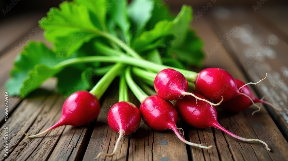 A vibrant bunch of freshly harvested radishes, showcasing their bright red color and verdant green tops, rests on a rustic wooden surface. A vibrant bunch of freshly harvested radishes, showcasing their bright red color and verdant green tops, rests on a rustic wooden surface.