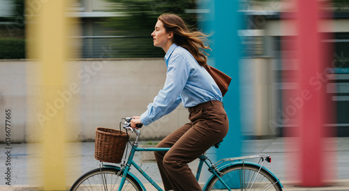 Office worker on bicycle riding joyfully against colorful pillars  