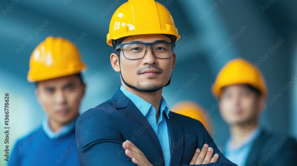 Confident businessman wearing glasses and hard hat with colleagues Confident businessman wearing glasses and hard hat with colleagues