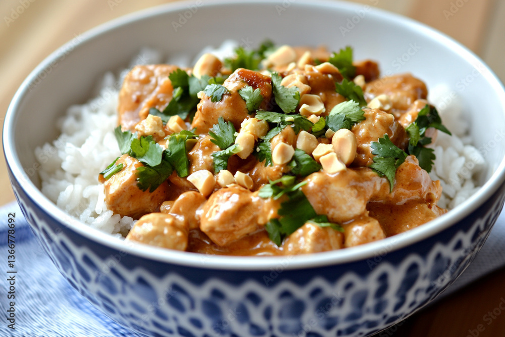Bowl of rice topped with peanut chicken, cilantro, and crushed peanuts Bowl of rice topped with peanut chicken, cilantro, and crushed peanuts