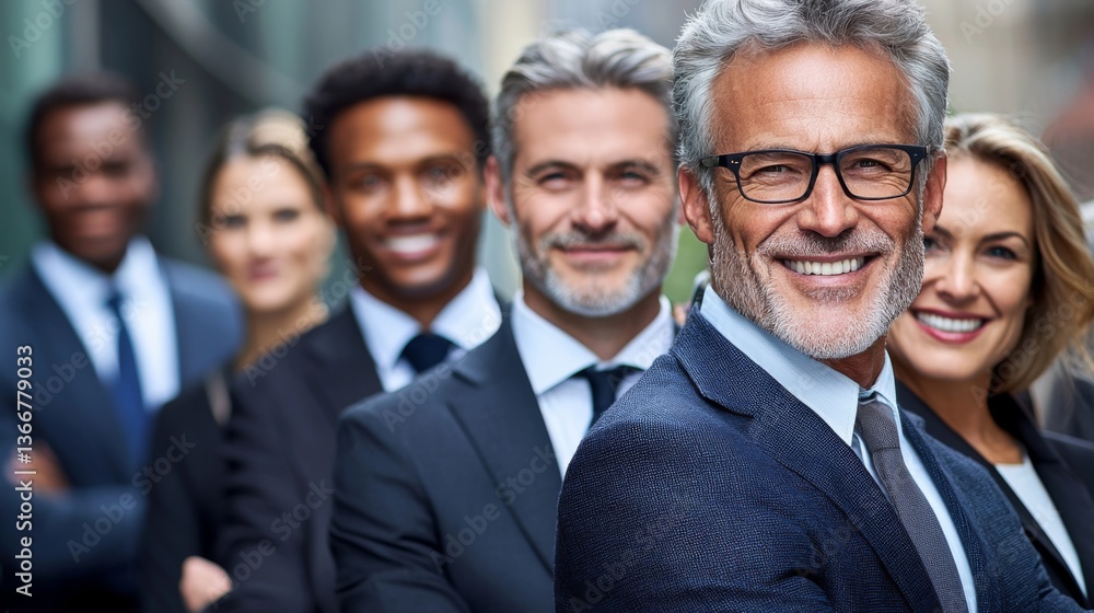 Diverse group of professionals smiling confidently in a business setting Diverse group of professionals smiling confidently in a business setting