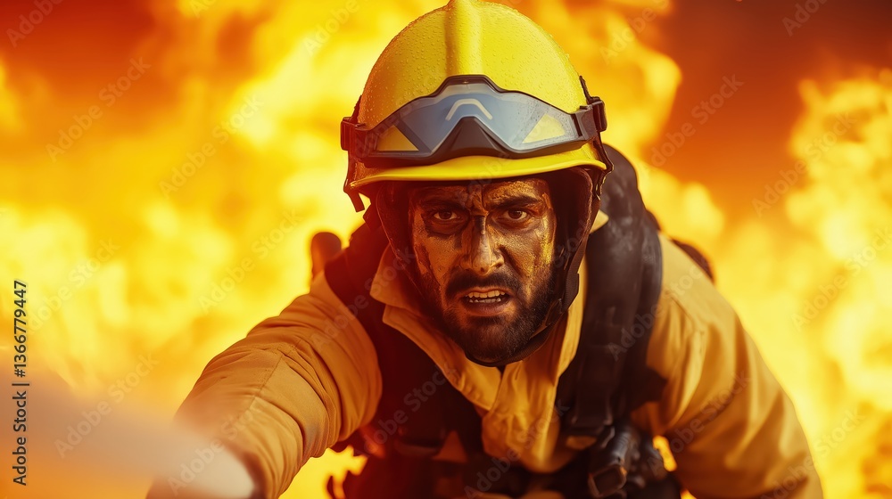 Firefighter battling flames with determination against a fiery backdrop Firefighter battling flames with determination against a fiery backdrop