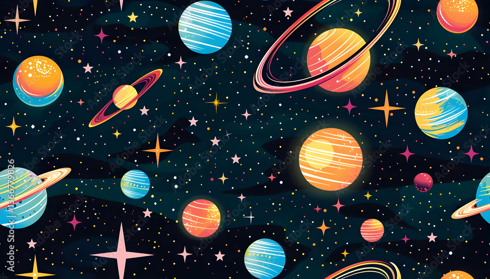 Fototapeta premium A colorful, whimsical illustration of planets and stars in a cosmic setting.