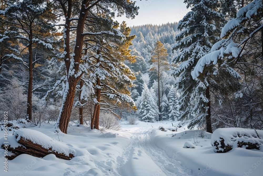 Fototapeta premium Rustic Winter Landscape Featuring Snowy Trees and Wooden Elements