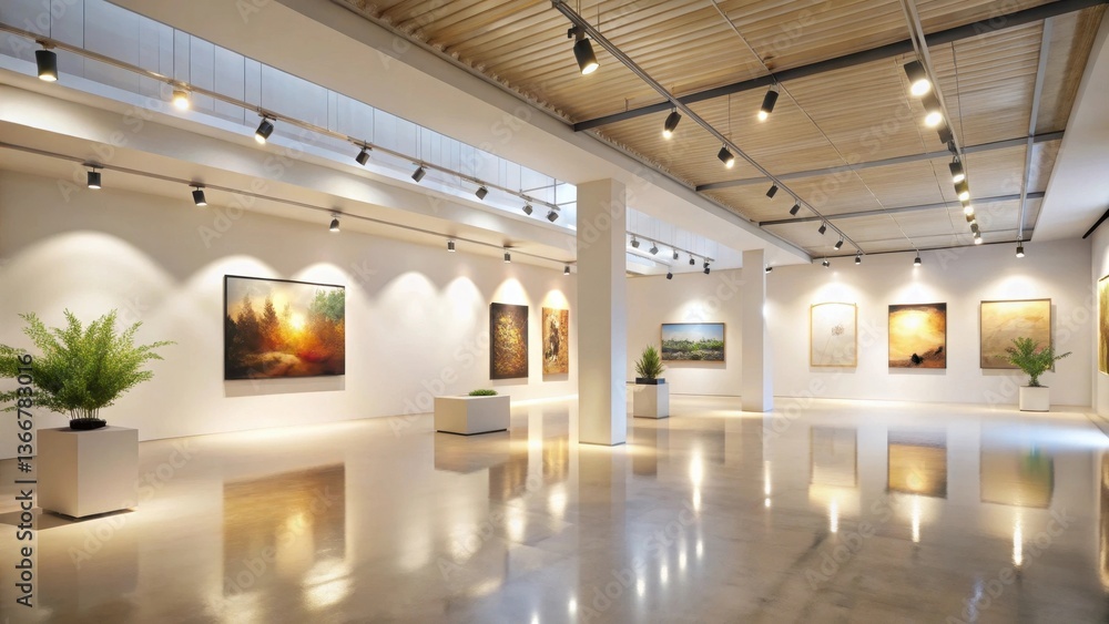 Fototapeta premium Modern art gallery interior with bright lighting and polished floors, showcasing a collection of landscape and abstract paintings, enhancing the overall aesthetic appeal
