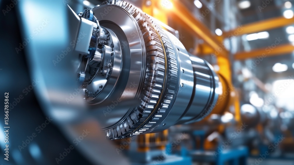 Fototapeta premium A robotic arm in a high efficiency energy plant, assembling wind turbine components with AI precision for renewable energy production, Energy-tech style