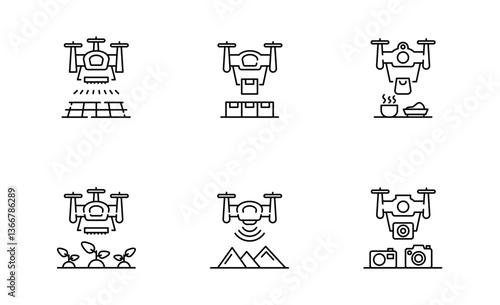 Set of Drone icon, Drone quadcopter Delivery drone, Delivery, Agriculture drone, Drone Commercial Symbol Outline icon, Editable Stroke