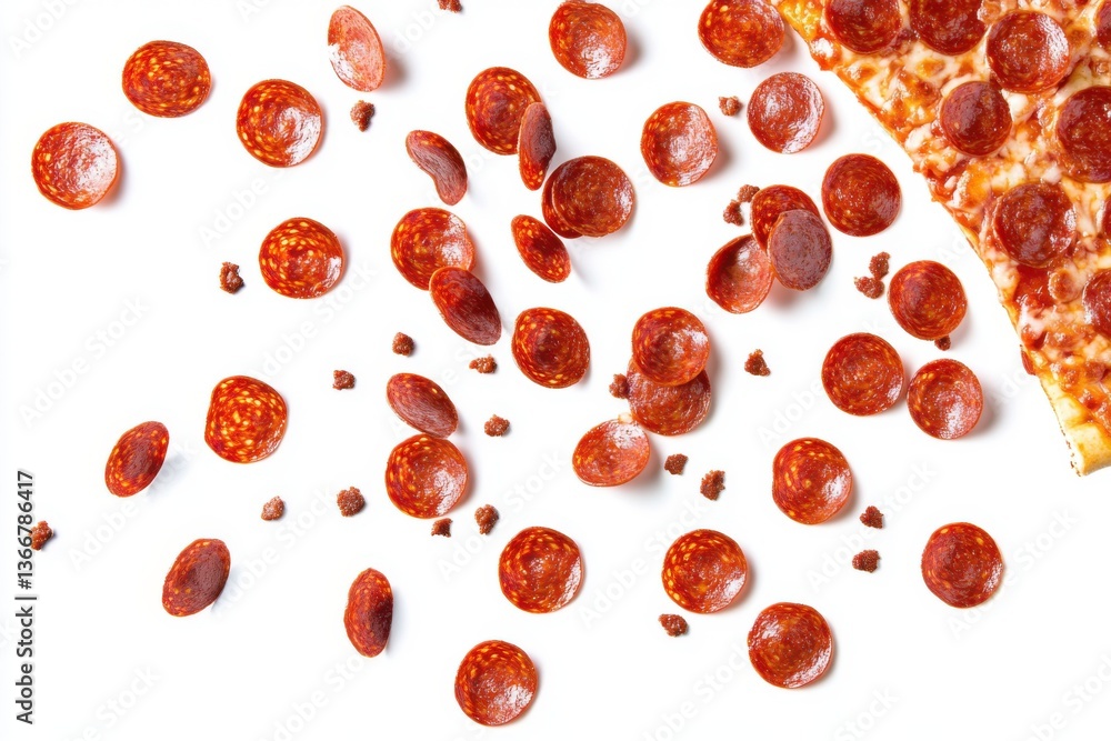 Fototapeta premium Delicious Pizza Slice with Pepperoni Toppings and Loose Pepperoni Pieces