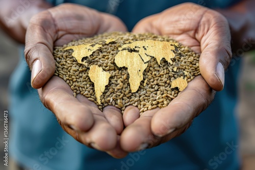 A close-up of hands holding seeds shaped like a world map, symbolizing agriculture's role in global sustainability and food security.