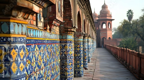 Ornate tiled walkway, ancient fort, hazy morning