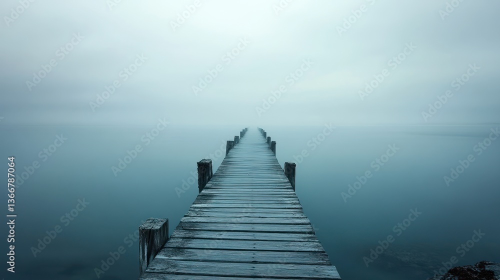 Fototapeta premium Misty lake, wooden pier extending, calm water, foggy background, peaceful scene