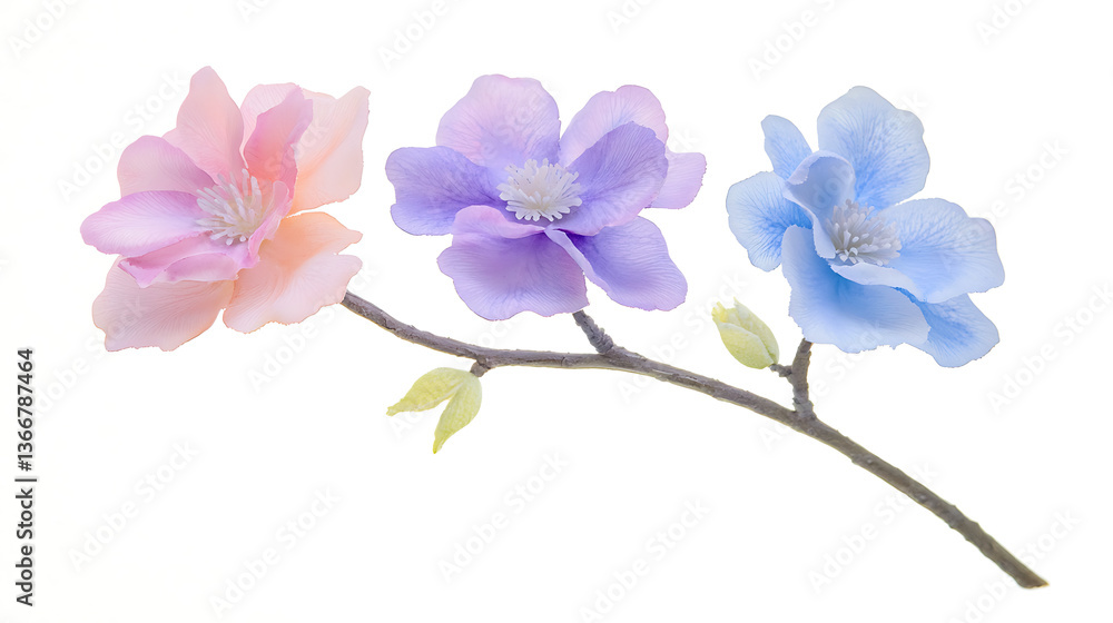 Obraz premium Three flowers are on a branch, with one being pink, one being purple