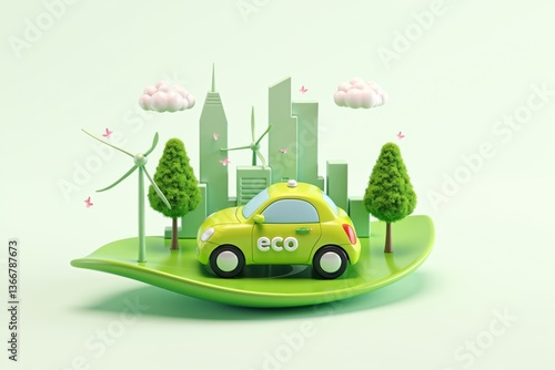 3D eco-friendly concept with green car on a leaf, sustainable city, wind turbines, and trees, promoting clean energy, green transportation, and environmental sustainability.