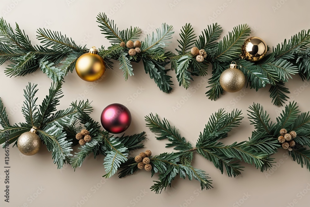 Winter New Year Decorations Cedar Leaf Garland and Baubles on Light Beige Canvas for Festive Celebrations Winter New Year Decorations Cedar Leaf Garland and Baubles on Light Beige Canvas for Festive Celebrations