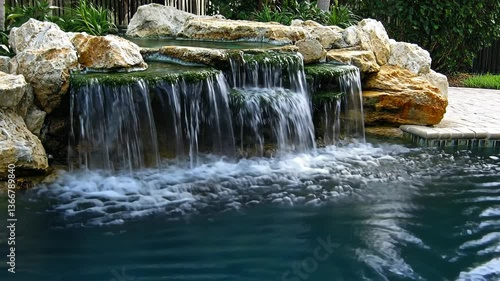 Wallpaper Mural Relaxing waterfall cascading into tranquil pool surrounded by natural stones in a serene backyard setting Torontodigital.ca