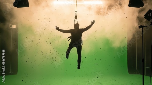 Actor flying through the air with harness on green screen stage, special effects team coordinating