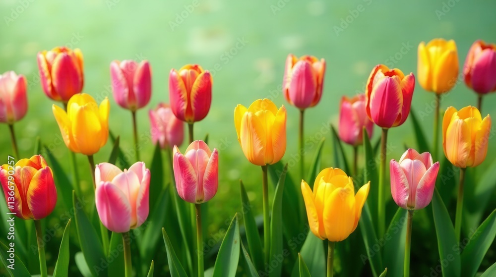 Obraz premium A vibrant field of tulips in shades of pink, yellow and red, bathed in sunlight, showcasing the beauty of spring flowers